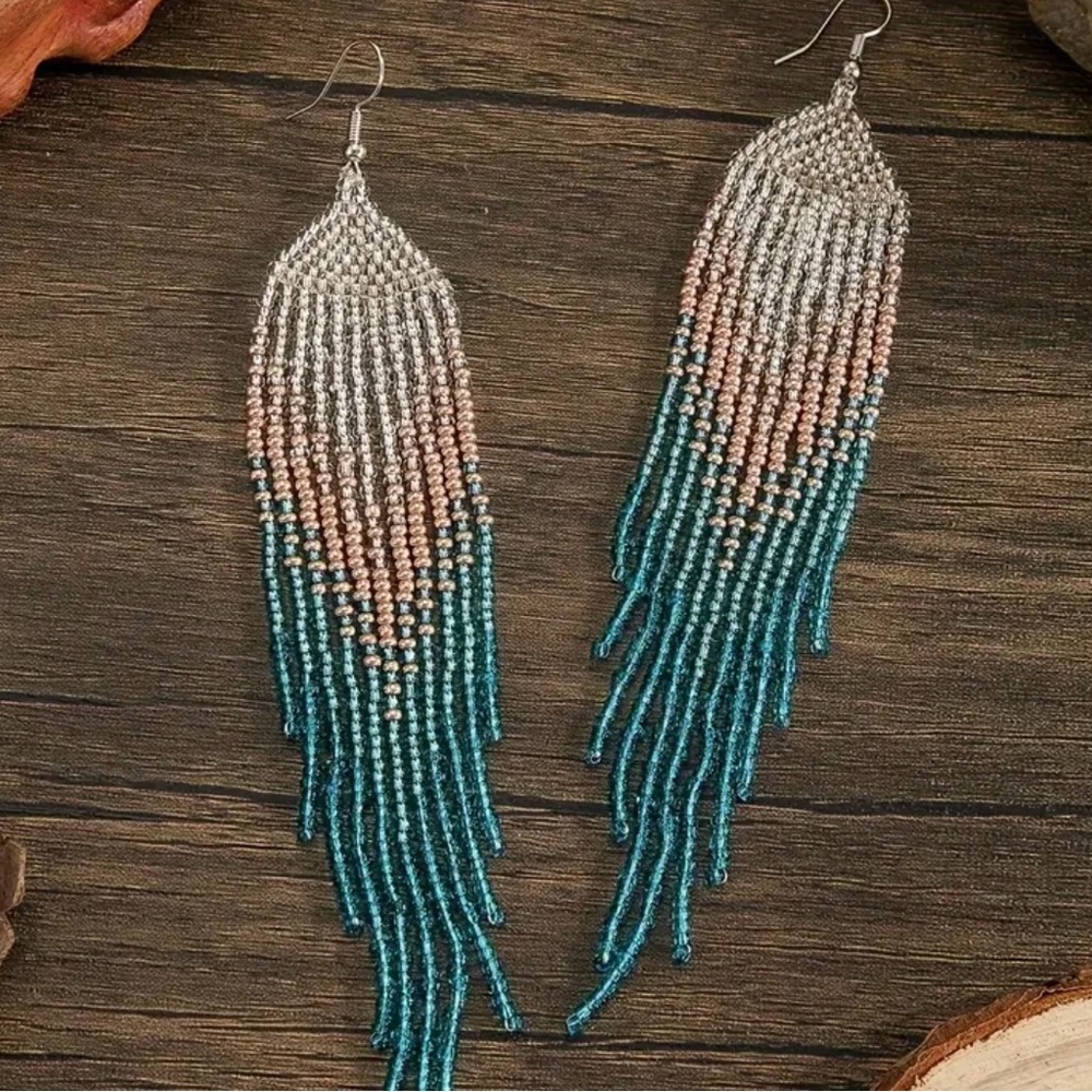 Long aqua green turquoise blue silver ombre seed bead fringe earrings